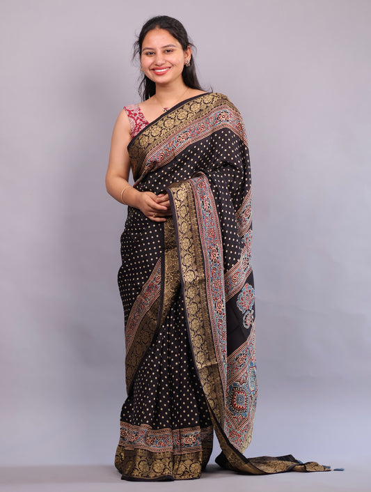 Black Polka Dots Ajrakh Handblock printed Dola Silk Saree | Looms & Tassels