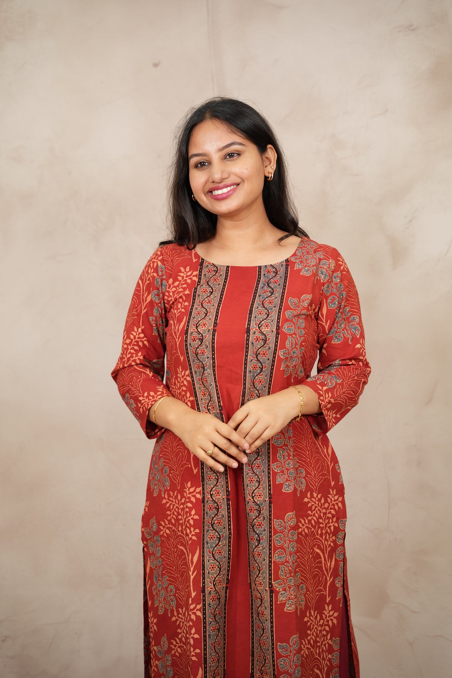 Red Ajrakh Pattern Hand Block printed Kurti | Looms & Tassels