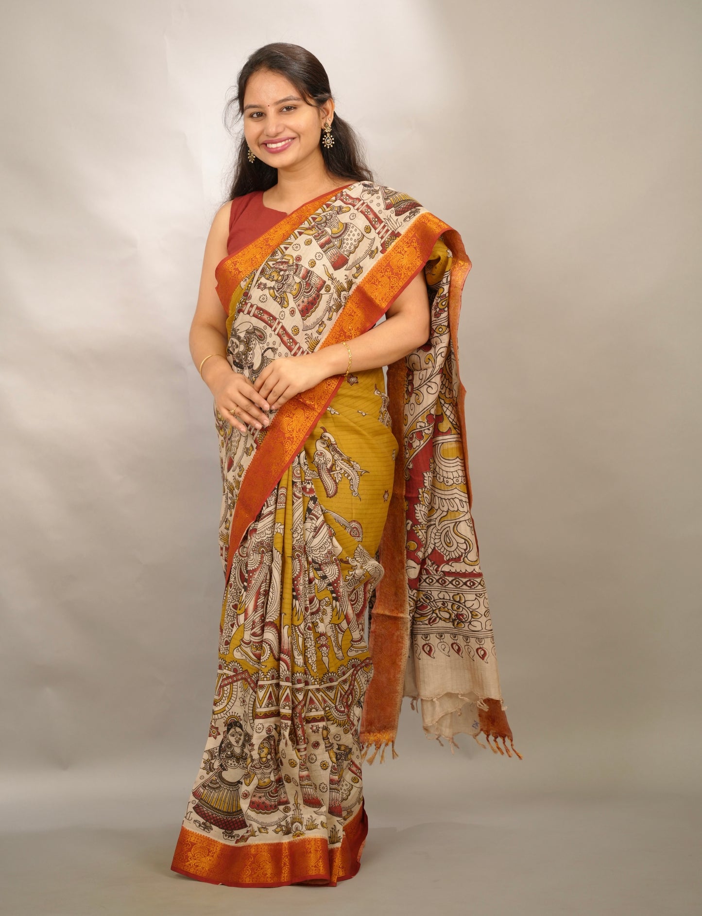 Mustard Kanchi border Kalamkari Chennur Silk Saree | Looms & Tassels