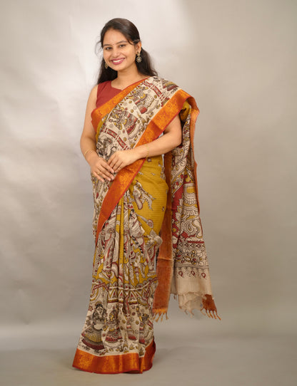Mustard Kanchi border Kalamkari Chennur Silk Saree | Looms & Tassels