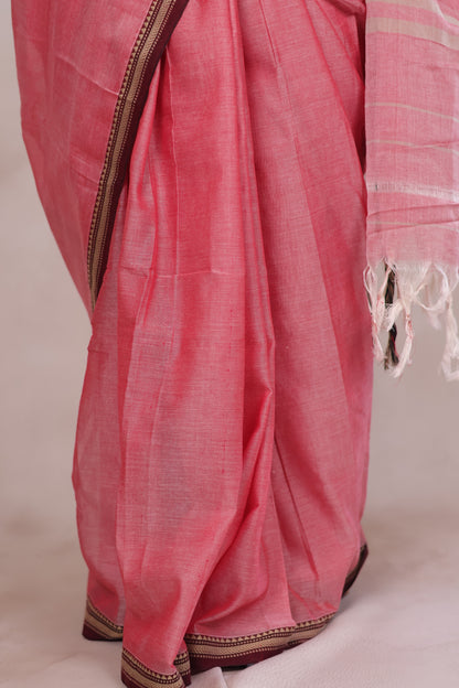 Onion Pink Narayanpet Cotton Saree with Ikkat Blouse Piece | Looms & Tassels