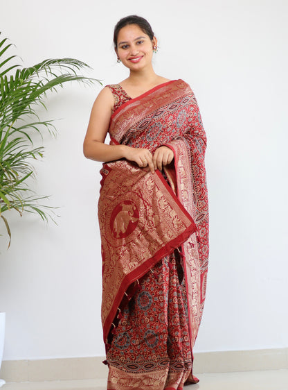 Red Ajrakh Dola Silk Saree