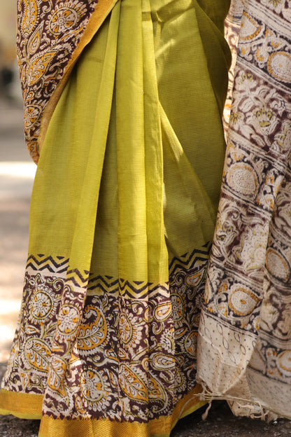 Green Kalamkari dyeing premium chennur silk with hand block print saree