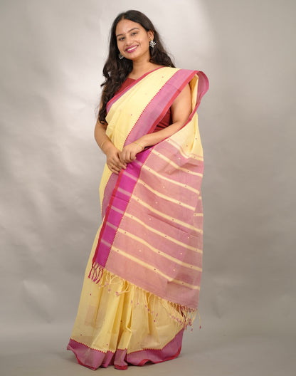 Cream Handloom Venkatagiri Cotton Saree Without Blouse | Looms & Tassels