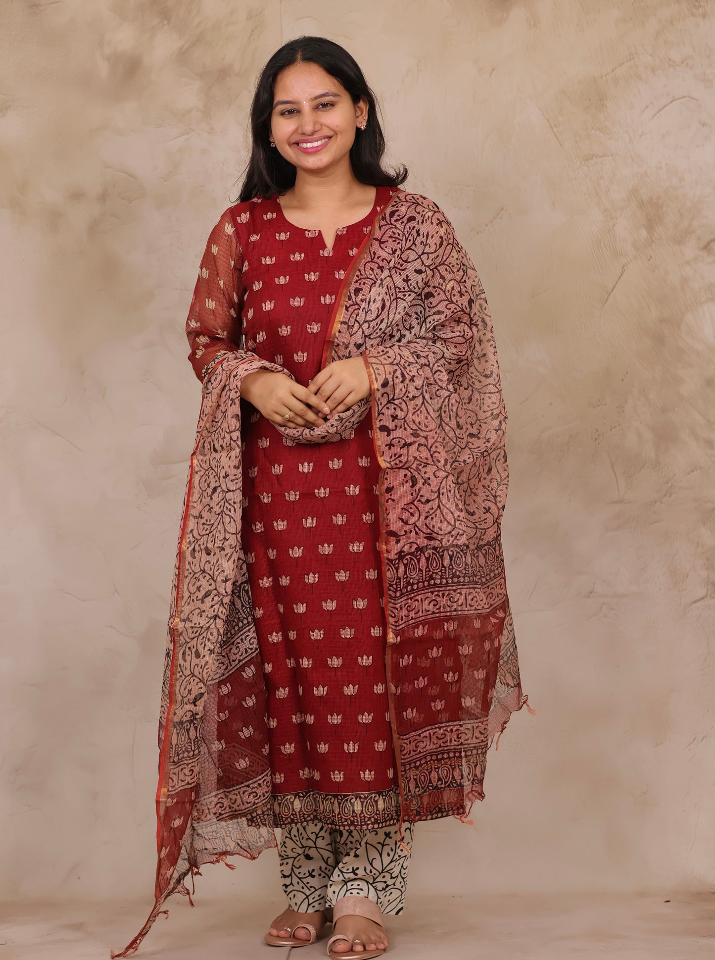 Deep Maroon Handblock printed kota 3 piece suit (stitched)