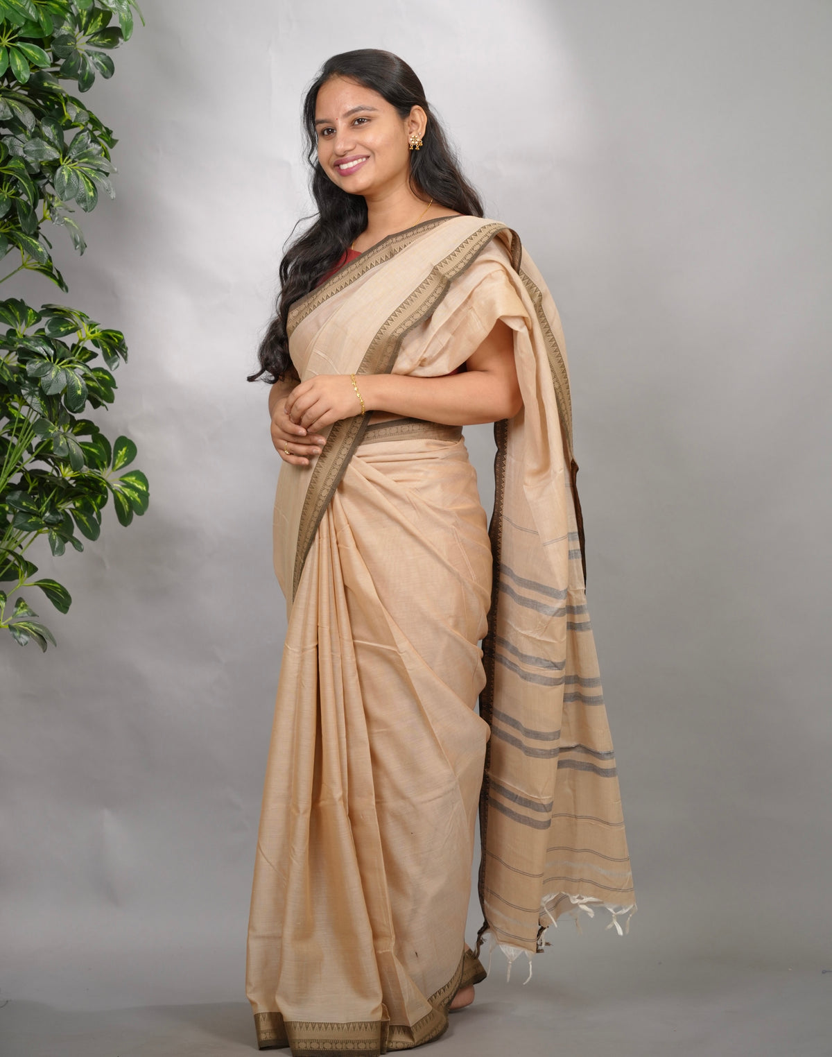 Sand Beige Narayanpet Cotton Saree | Looms & Tassels