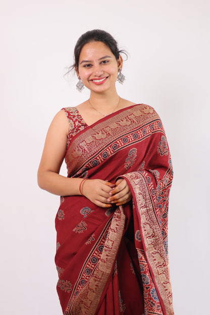 Ajrakh Dola Silk Saree