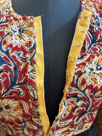 Red Round neck Stretchable Hand block printed kalamkari blouse with front hooks