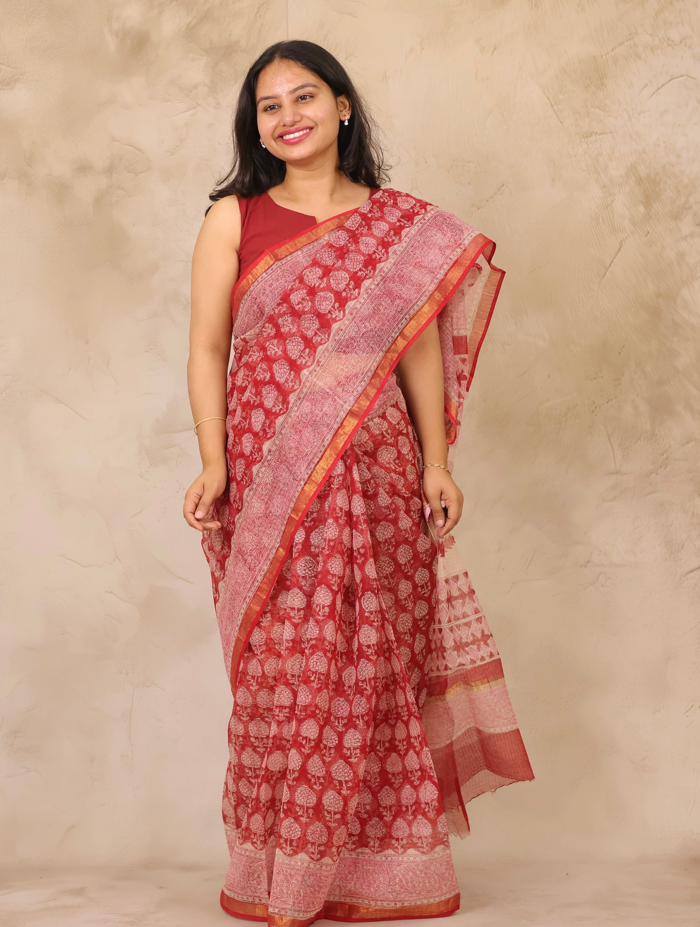 Maroon Pure Kota Doria Saree with Bagru Handblock Prints | Looms & Tassels