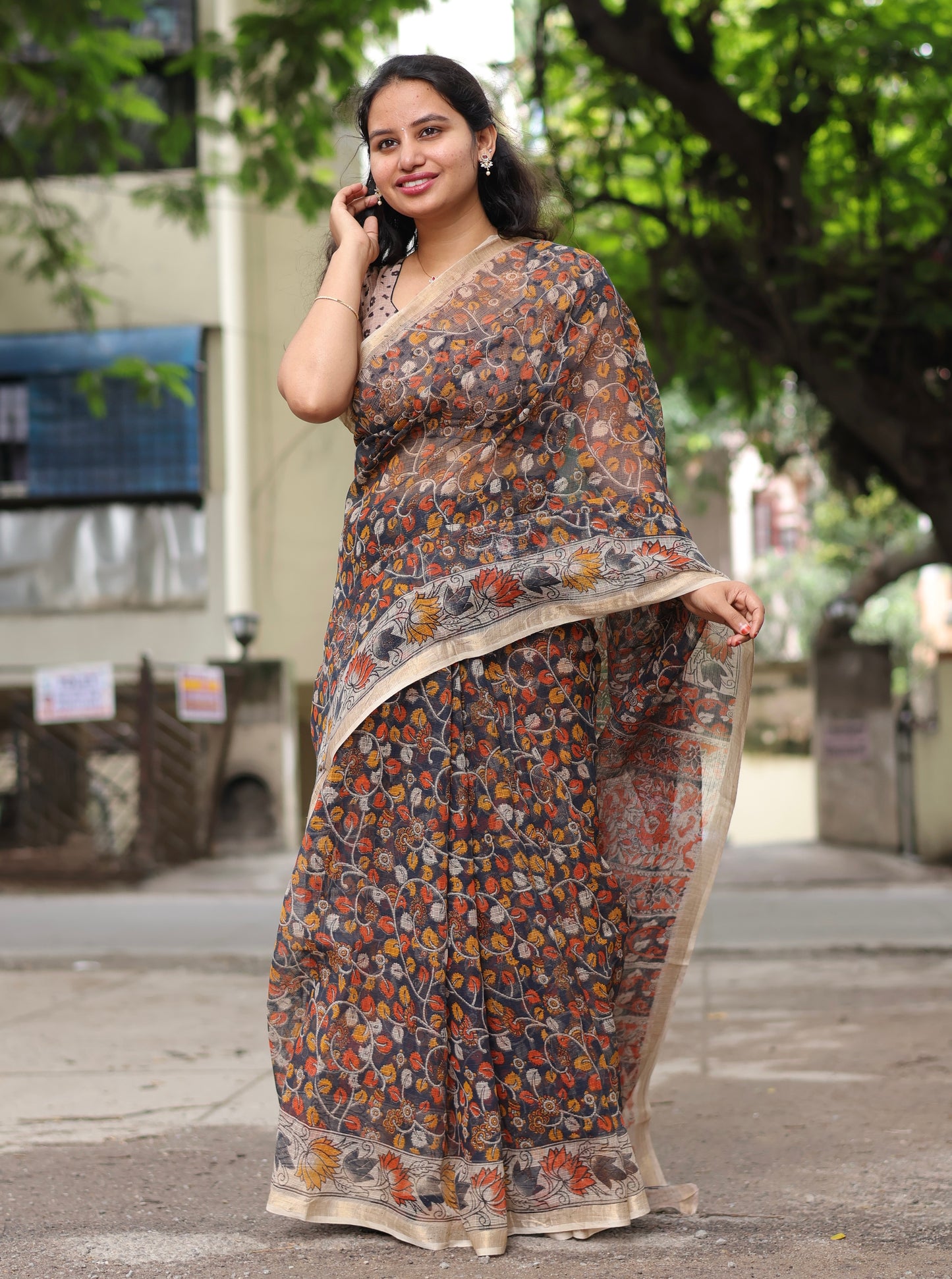 Blue Kalamkari printed Kota Doriya Saree