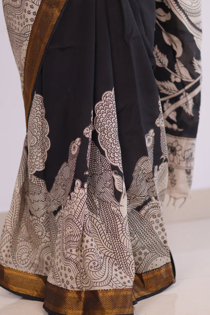 Black Nizam Border Kalamkari Silk Saree