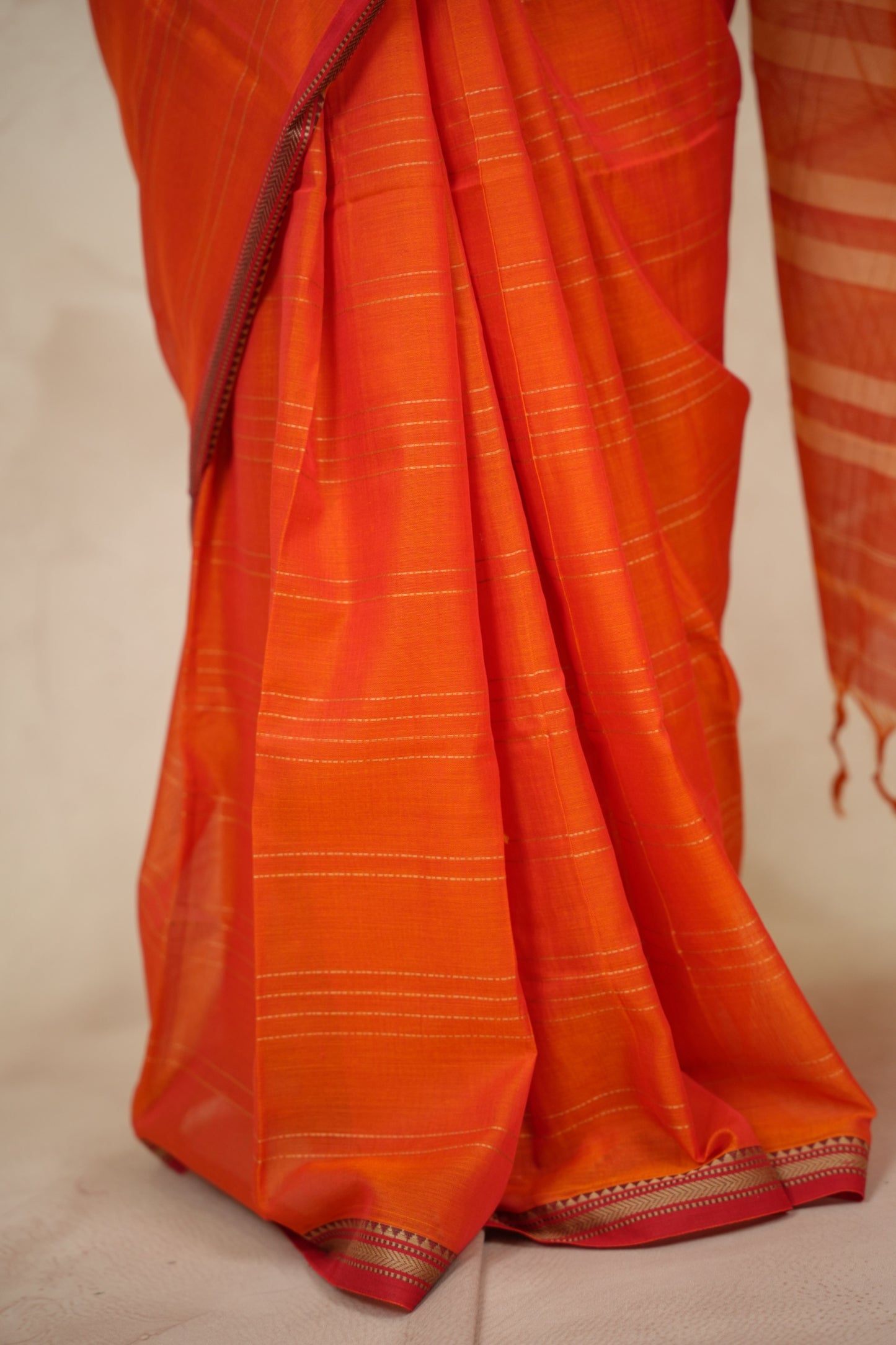 Orange Narayanpet Cotton Saree lines weaving | Looms & Tassels
