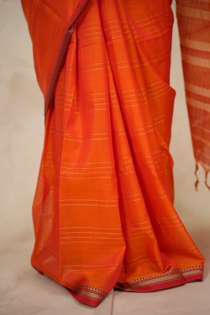 Orange Narayanpet Cotton Saree lines weaving | Looms & Tassels