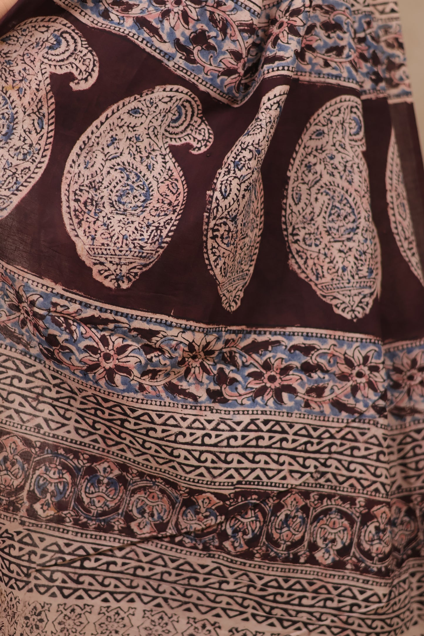 Cream Hand Block Printed Kalamkari Cotton Saree | Looms & Tassels