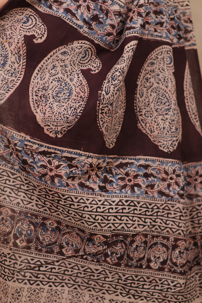 Cream Hand Block Printed Kalamkari Cotton Saree | Looms & Tassels