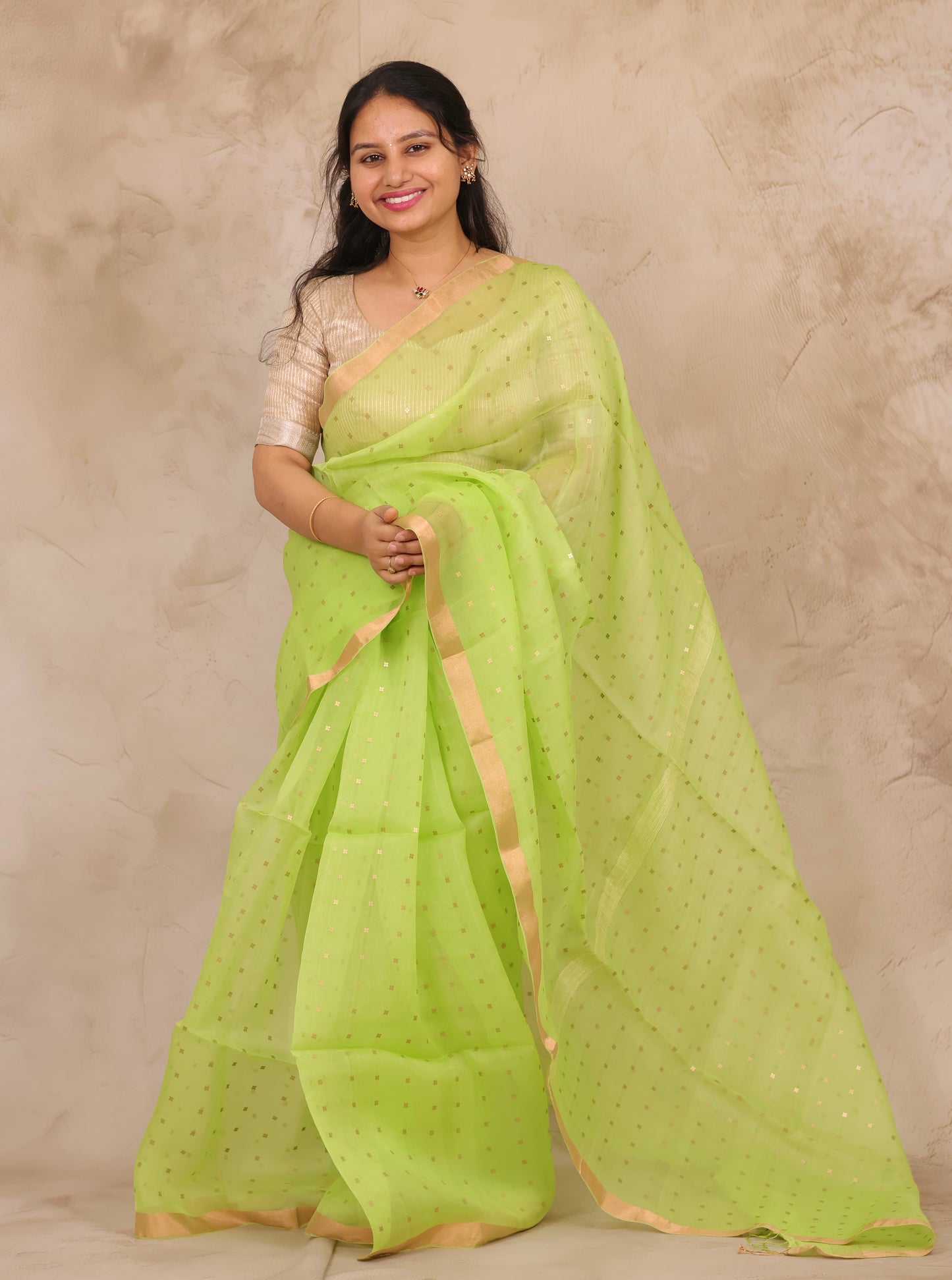 Pista Green Handwoven Muslin Silk Saree With Sequence Work | Looms & Tassels