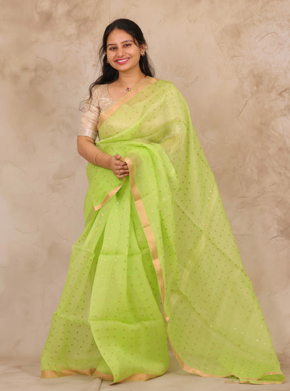 Pista Green Handwoven Muslin Silk Saree With Sequence Work | Looms & Tassels