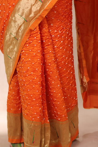 Orange Handcrafted Bandhani Paithani Dola Silk Saree | Looms & Tassels
