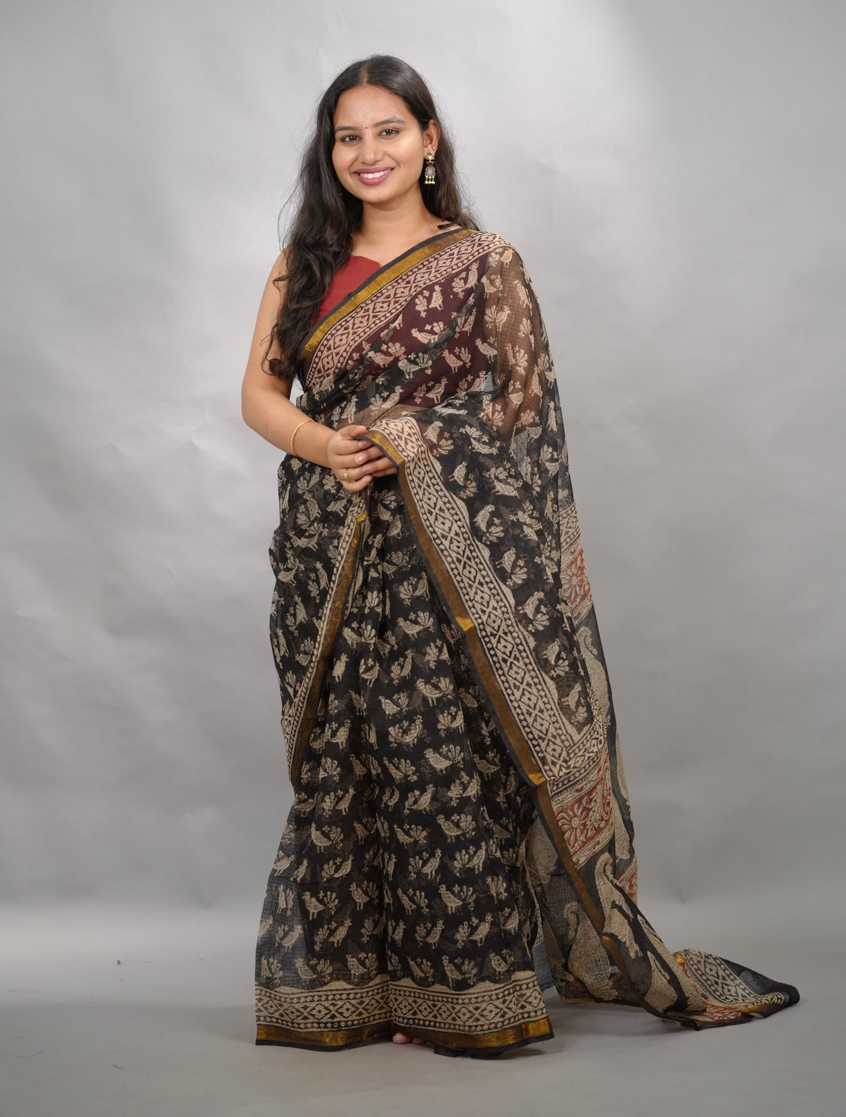 Black Pure Kota Doria Saree with Bagru Handblock Prints | Looms & Tassels