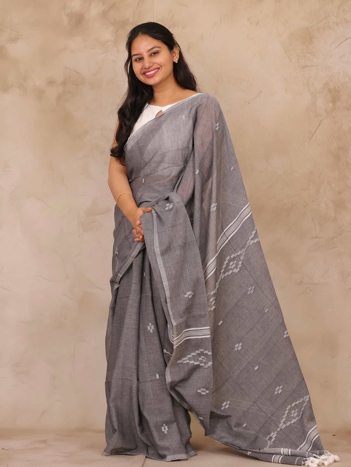 Gray Malai Cotton Saree with Butta Weaving | Looms & Tassels