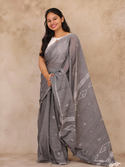 Gray Malai Cotton Saree with Butta Weaving | Looms & Tassels