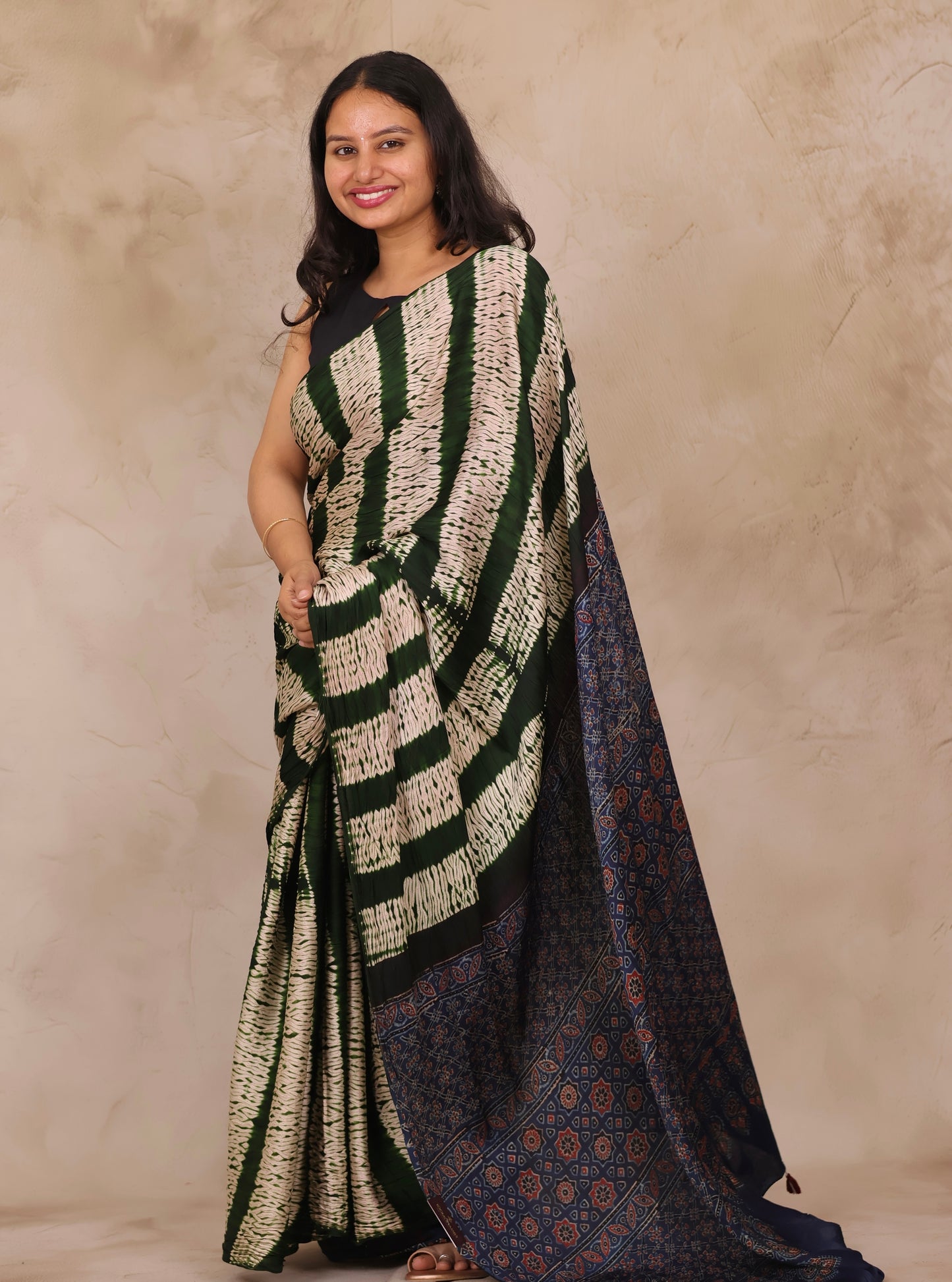 Bottle Green Needle Shibori and Ajrakh Handblock Printed Modal Silk Saree | Looms & Tassels