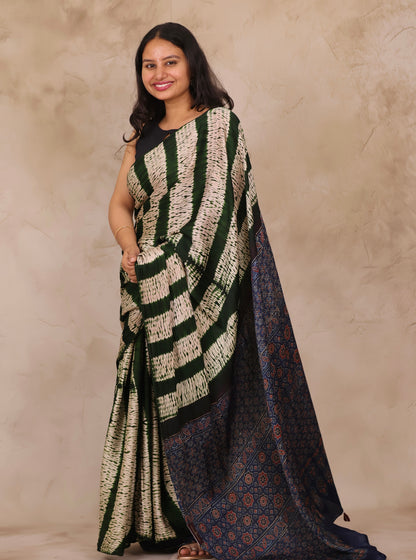 Bottle Green Needle Shibori and Ajrakh Handblock Printed Modal Silk Saree | Looms & Tassels