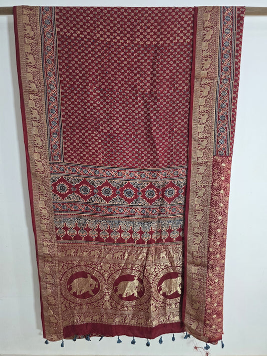 Maroon Ajrakh Dola Silk Saree