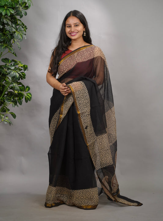 Black Pure Kota Doria Saree with Bagru Handblock Prints