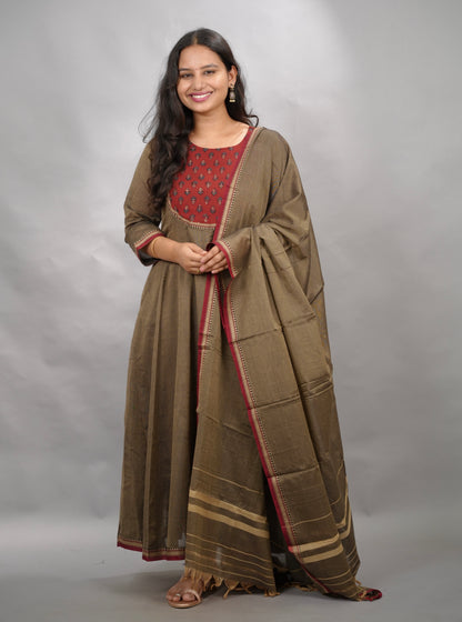 Grey Ajrakh Patch Work Narayanpet Cotton Anarkali Dress with Narayanpet Dupatta | Looms & Tassels
