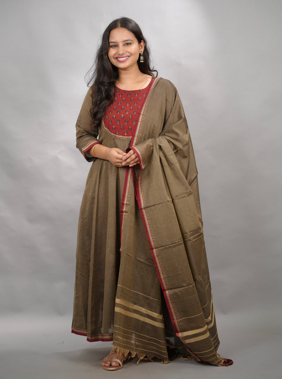 Grey Ajrakh Patch Work Narayanpet Cotton Anarkali Dress with Narayanpet Dupatta | Looms & Tassels