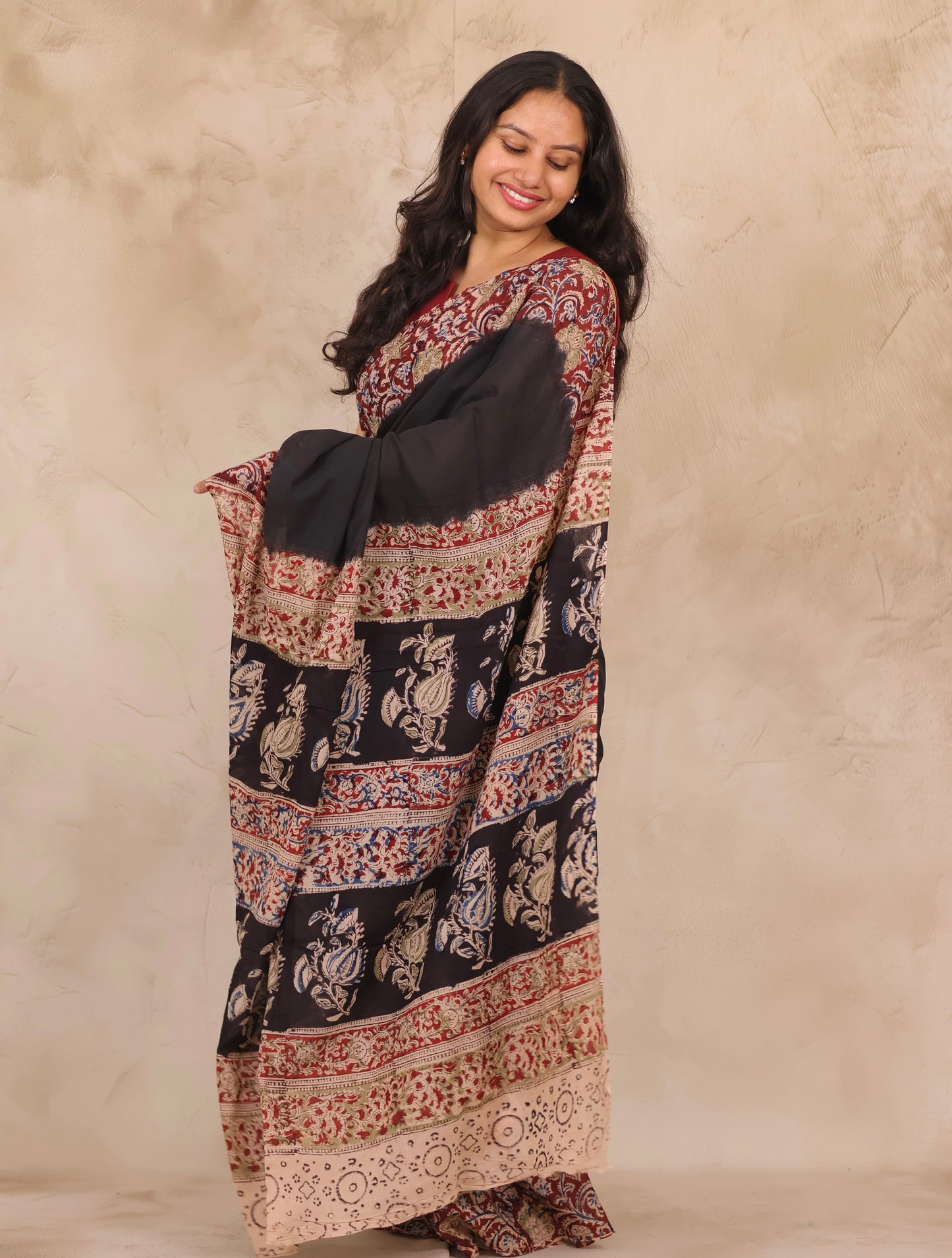 Black Hand Block Printed Kalamkari Cotton Saree | Looms & Tassels