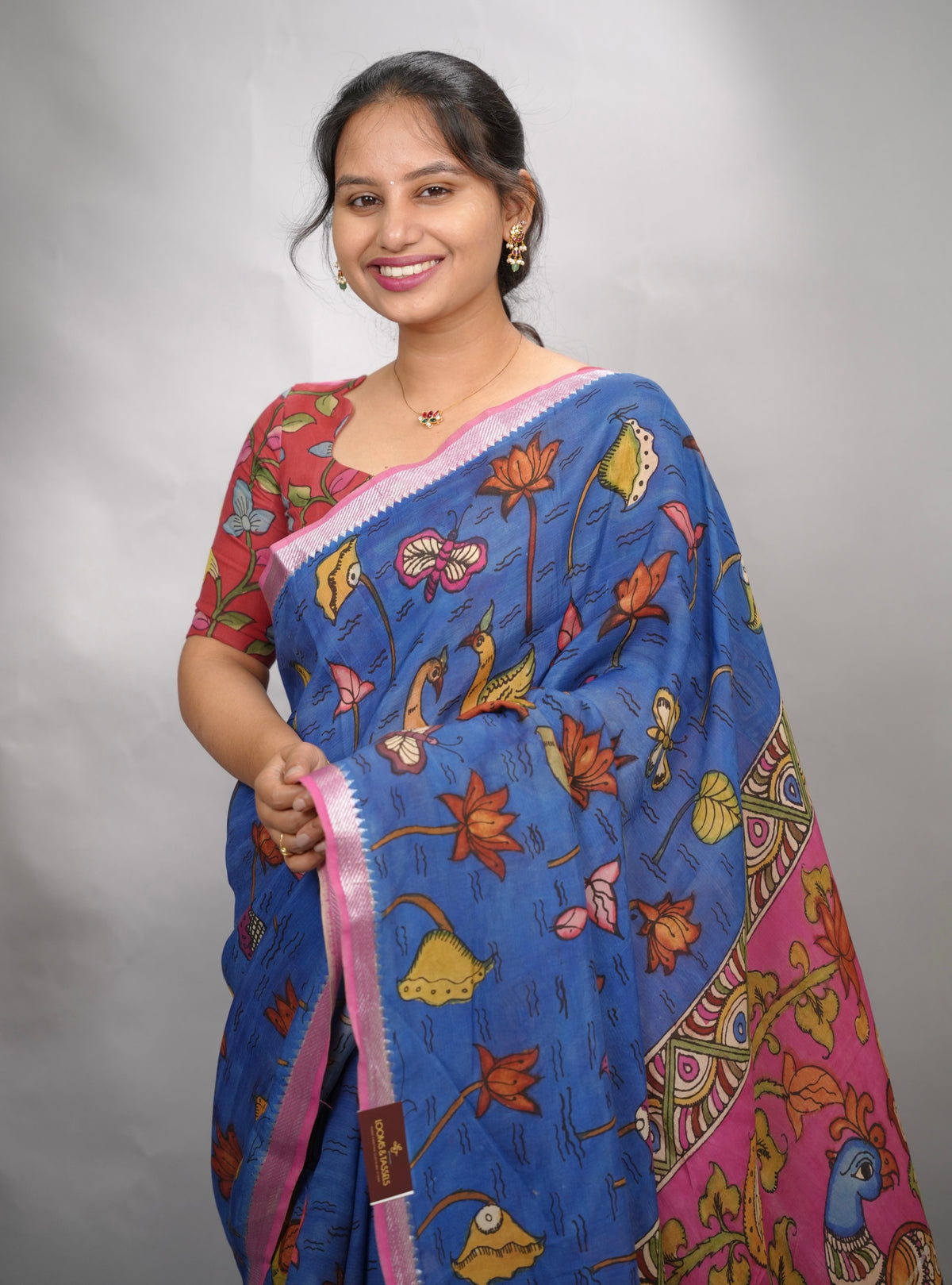 Blue Hand Drawn Pen Mangalagiri Silk Saree | Looms & Tassels