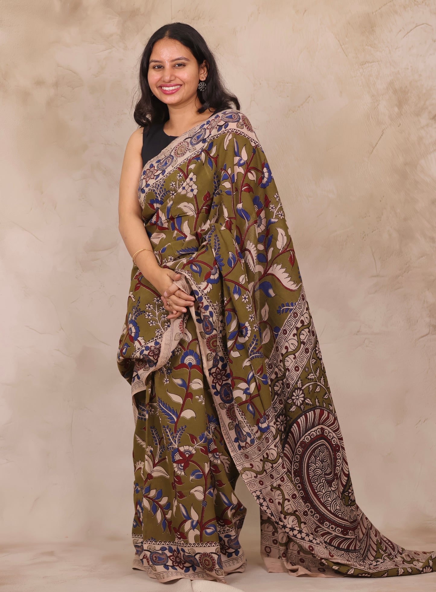 Mehendi Green Kalamkari Cotton Saree