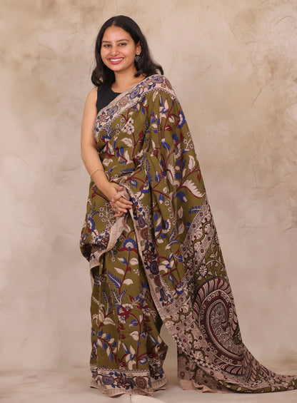 Mehendi Green Kalamkari Cotton Saree