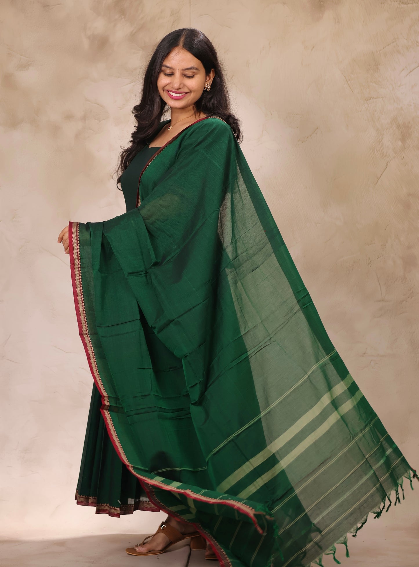 Green Narayanpet Cotton Anarkali Dress with Narayanpet Dupatta | Looms & Tassels