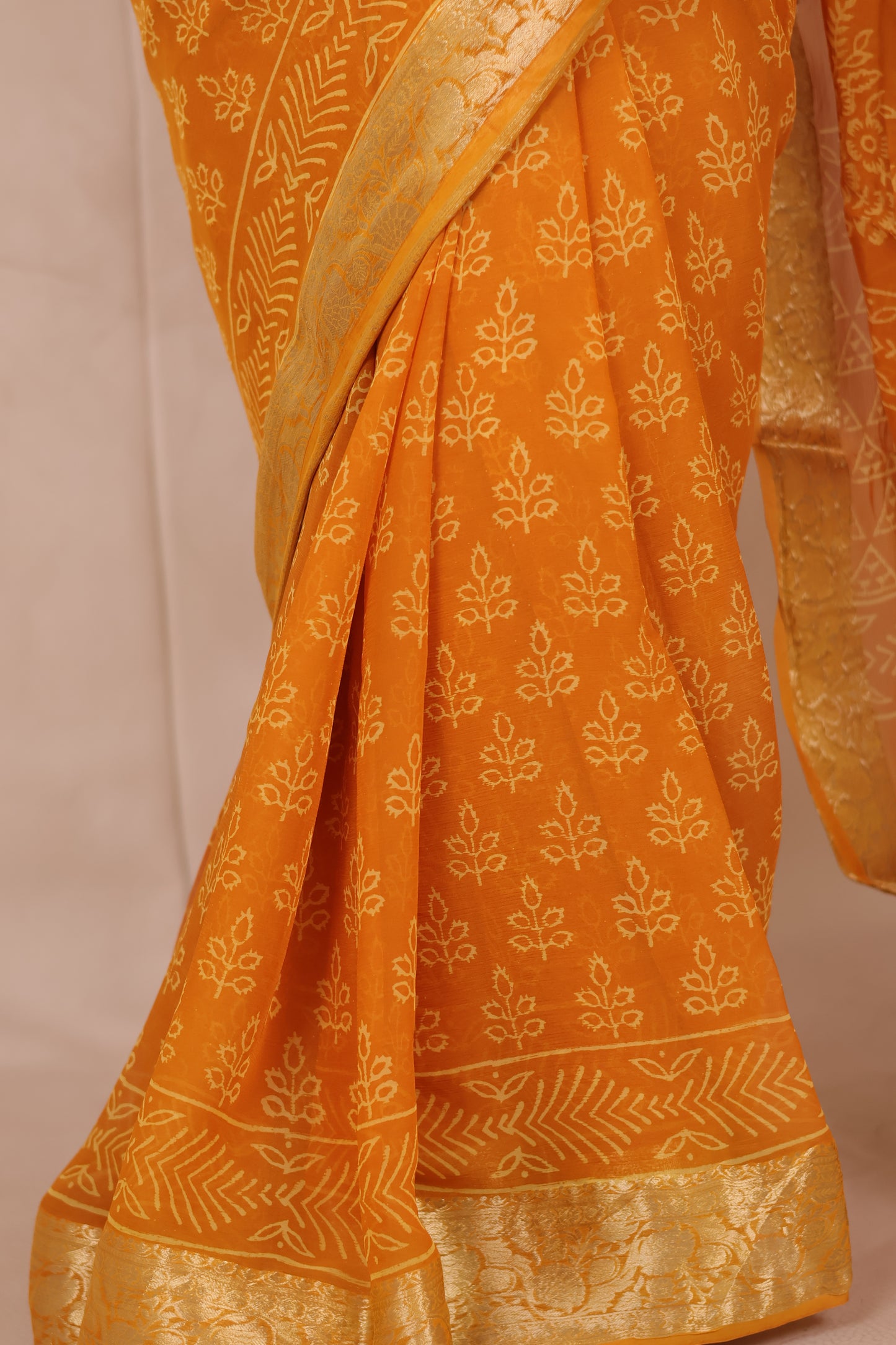 Mustard Chiffon Hand Block Printed Saree with Jari Border | Looms & Tassels