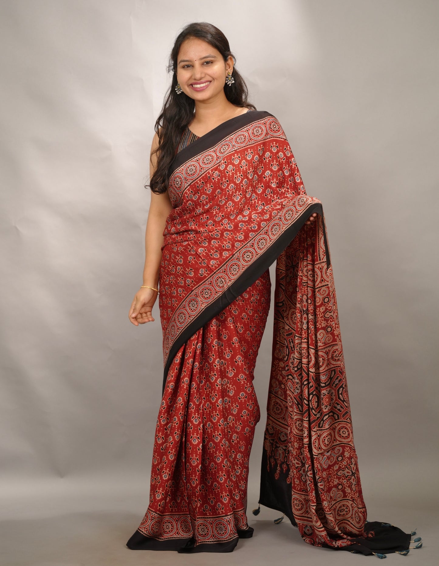 Maroon Authentic Ajrakh Handblock Printed Modal Silk Saree | Looms & Tassels