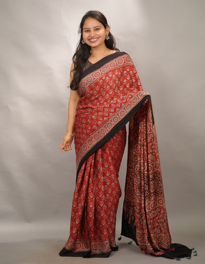 Maroon Authentic Ajrakh Handblock Printed Modal Silk Saree | Looms & Tassels