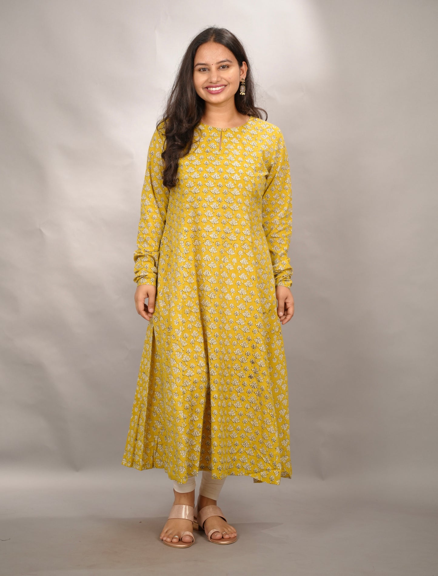 Mustard Pure Mul Cotton Kali Kurta with Chudi Sleeves | Looms & Tassels