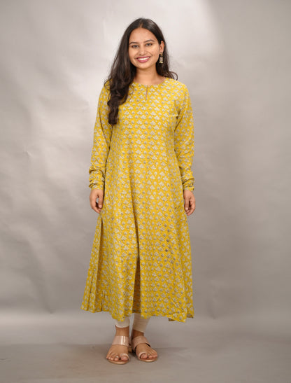 Mustard Pure Mul Cotton Kali Kurta with Chudi Sleeves | Looms & Tassels