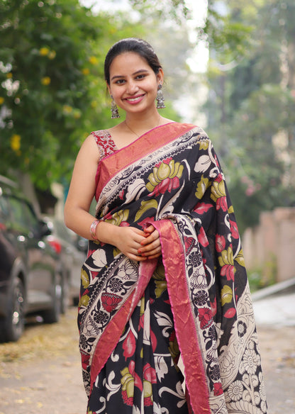 Black Nizam Border Kalamkari Silk Saree