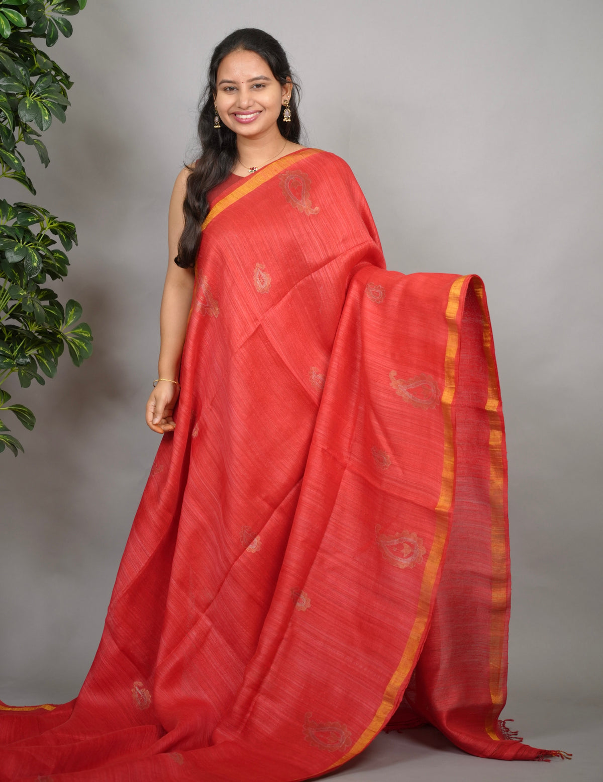 Red Handloom Jamdhani Pure Matka Silk Saree with Muslin Silk Pallu