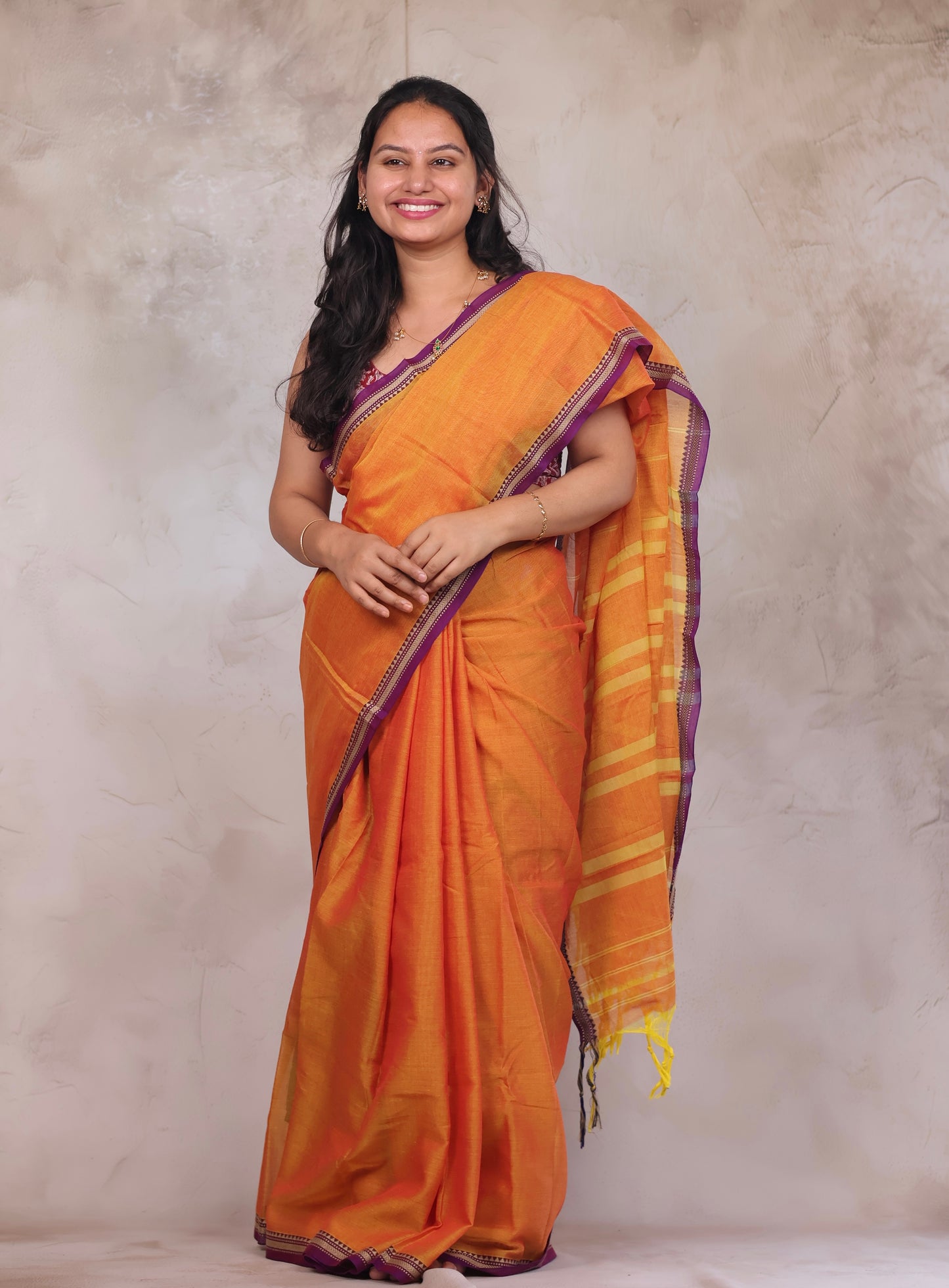Orange Narayanpet Cotton Saree | Looms & Tassels