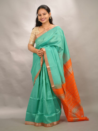 Sea Green & Orange Handloom Mangalagiri Silk Saree| Looms & Tassels