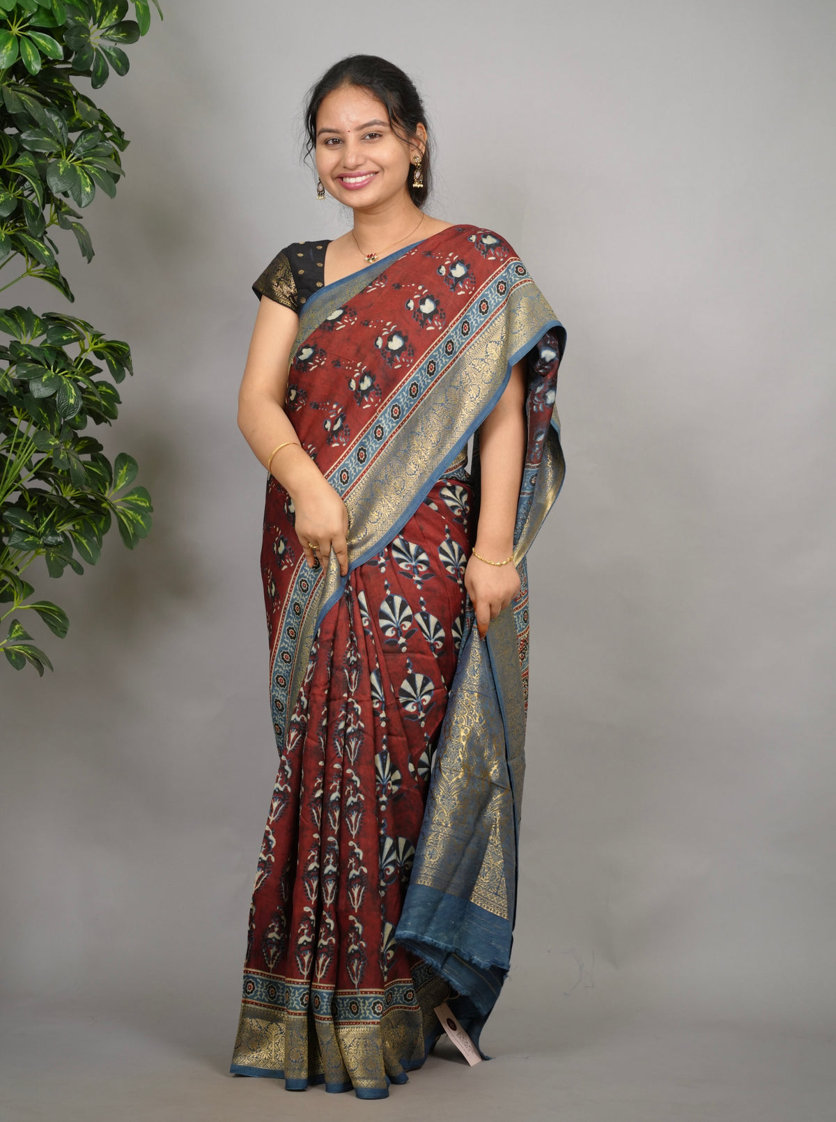 Ajrakh Dola Silk Saree - Brick Red | Looms & Tassels