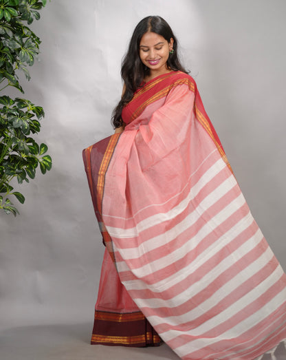 Onion Pink Narayanpet Cotton Saree With Ganga And Jamuna Border | Looms & Tassels
