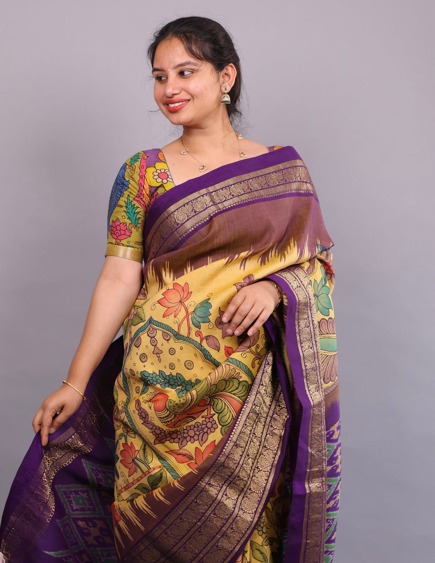 Yellow Kanchi Pattu Hand Painted Pen Kalamkari Saree