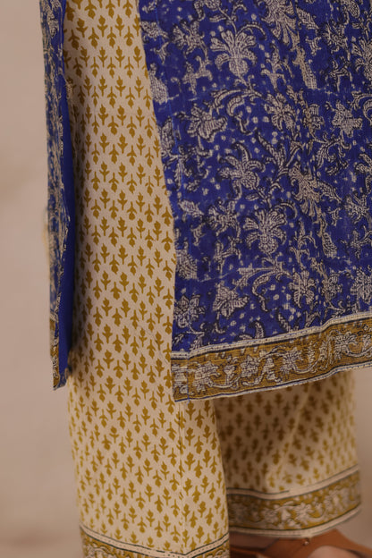 Blue Handblock printed kota 3 piece suit (stitched)