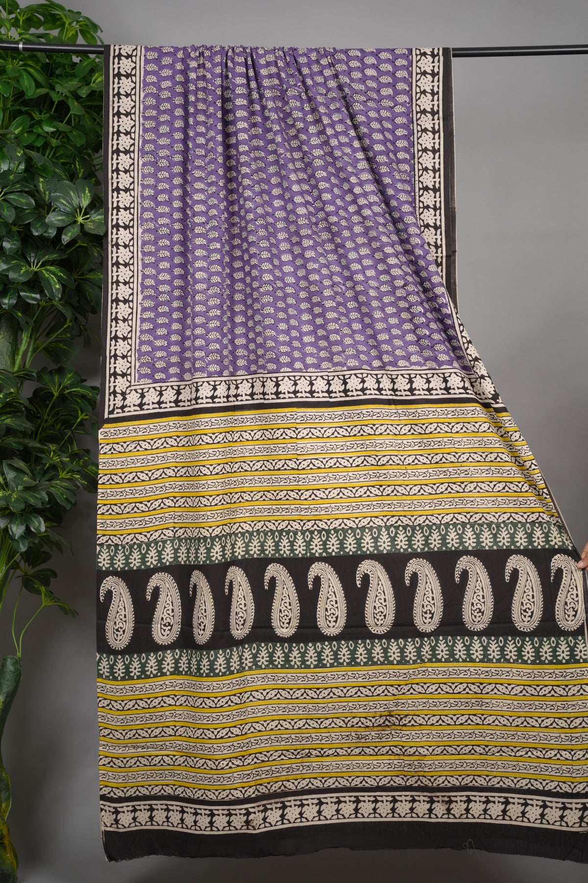 Lavender Bagru Handblock printed MulMul cotton saree | Looms & Tassels